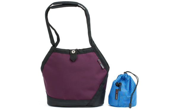 A Little Swift in Aubergine (dark purple) 1050 Ballistic with Island (blue with white grid) 200 Halcyon interior and Yarn Stuff Sack.